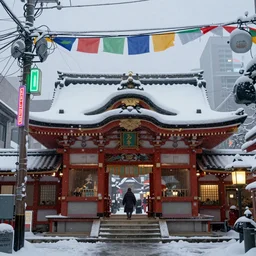 a Japanese cyberpunk shrine, snowing, photograph,, sharp focus, intricate detail, high resolution, 8k, neon streetlights, wires hanging down everywhere, Japan, colourful, prayer flags