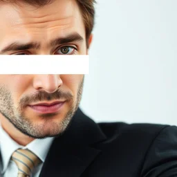photograph of a modern business man in a suit, censor bar over his eye, closeup