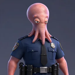in pixar style, a perfect colour portrait of a policeman. his leathery squidlike skin is contracting rapidly and ripping. leaking pva glue from the fissures in his stressed, agonising skin. brightly lit studio lighting