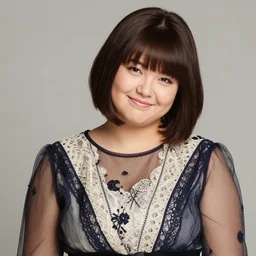 Yearbook photo of a prissy looking chubby girl in her late teens with a fancy outfit and dark brown hair in a bob cut smiling smugly