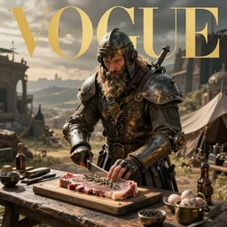 detailed ultrarealistic photo of postapocalyptic steampunk medieval butcher vogue cover