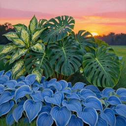 matte painting field of hostas, monsteras, diefenbachias at sunset, vibrant by Edward Hopper and Mikko Lagerstedt