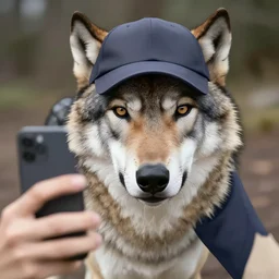 Wolf with cap doing selfie, digital art,