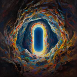 colorful painting of an impossible portal in an infinite depth cave, dark dramatic atmosphere, epic scene, wide - angle, hyperdetailed, photorealistic