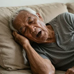 a slim, wrinkled, dark - skinned old man, with white hair, sleeping with his mouth open on a sofa