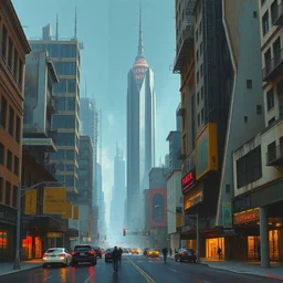 futuristic city, brutalist buildings, street scene, oil painting, by greg rutkowski