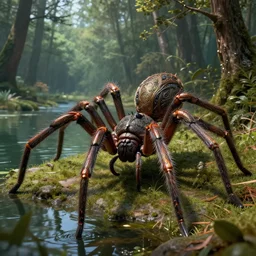 a giant spider crawling through a forest next to a lake, by michael komarck and john howe, lovecraftian, reimagined by industrial light and magic, photorealistic, high resolution, vray, hdr, hyper detailed, insane details, intricate, elite, ornate, elegant, luxury, dramatic lighting, octane render, weta digital, micro details, 3 d sculpture