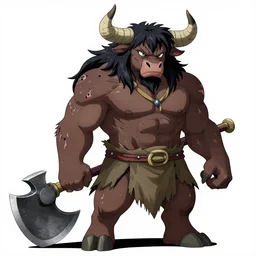 bull man barbarian wearing a tattered loincloth with an giant axe, fursona, furry art, anthro, detailed dark brown fur, detailed long black hair, big horns, scars, anime key visual, makoto shinkai