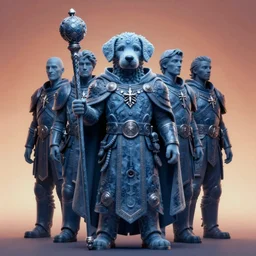full character potrait of a genetic combination between cute puppy & human, holding a ceremonial staff, wearing a cloak, zdzislaw beksinski, lewis jones, dariusz zawadzki, wayne barlow, warhammer fantasy, cold hue's, warm tone gradient background, concept art, 4 k, ultra - high - definition