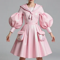 designer figure collection ball shaped accordion sleeve haute couture, sailor uniform, midi skirt, coat pleats, synthetic curves striking pose, dynamic folds, cute huge pockets hardware, volume flutter, youthful, modeled by modern designer bust, body fit, award fashion, petal pink gradient scheme, light holographic tones, expert composition, high detail, professional retouch, editorial photography