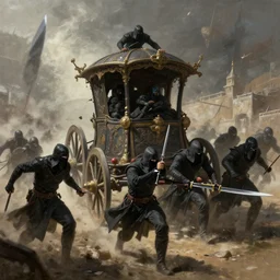 black knife assassins ambushing a chariot, digital painting, mixed media, trending on artstation and deviantart, epic composition, magnum opus, highly detailed, 8 k