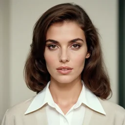 “ gorgeous brunette model close up wearing shirt and skirt, 1 9 6 0 ’ s fashion, 1 5 0 mm f 2. 8, face shot, hasselblad, photo by brian ingram, david lazar, lisa kristine, steve mccurry, high quality, symmetrical face, clear skin, 4 k ”