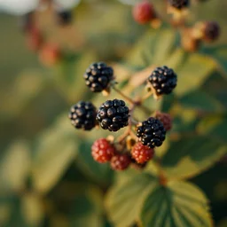 film still of a blackberry on a bush, extreme close up, high depth of field, golden hour, 8 k