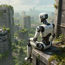 robot sitting on a building watching a destroyed city covered by vegetation, epic, post apocalyptic, highly detailed digital art