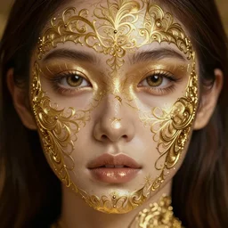 hyper detailed ultra sharp of a beautiful fractal face. trending on artstation, golden, delicate, facing camera, hyper realism, 1 4 5 0, engraving, ultra realistic, 8 k