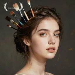 woman with a crown of artistic brushes in her hair