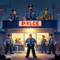photo cartoon illustration comics manga painting of police station : 6 fantasy, digital painting, unreal engine, 8 k, volumetric lighting, contrast by john kirby by carl warner and jim woodring, trending on artstation frederick carl frieseke with simple smile