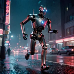 a kodachrome photo of a tall huge metallic cyborg droid android with glowing lights, running sprinting on a rainy night in the city in the 1 9 5 0's, seen from a distance, canon 5 0 mm, cinematic lighting, film, photography, award - winning, neon, cyberpunk, blade runner