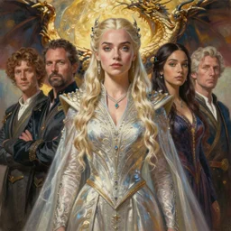 a portrait painting of daenerys targaryen in fantastic dress next to a dragon, medium shot, symmetrical face, face enhancement, by jaime jones, tom bagshaw, lawrence alma - tadema, greg rutkowski, deviantart contest winner, fantasy art, intricate, elegant, highly detailed, 8 k, digital painting, concept art, sharp focus, illustration, golden ratio, mythological, ultra realistic, cinematic lighting, maximalist