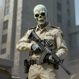 pale zombie suit officer single in beige uniform with background burtalist concrete building by greg rutkowski trending on artstation digital painting highly detailed 4 k 8 k hd holding bullpup