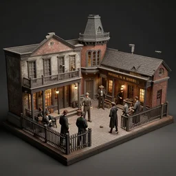 a diorama of a 1 8 9 0 s crime scene, noir, 3 dimensional, intricate details