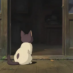 a studio ghibli illustration of a cat waiting for his owner, atmospheric, widescreen