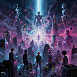 a psychedelic cyberpunk city at the edge of existence where intensely creative astral beings exist, delirium, chaotic storm of liquid smoke, by petros afshar, ross tran, tom whalen, peter mohrbacher, junji ito, artgerm, shattered glass, radiant light