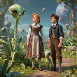 detailed, sharp, a girl and a boy standing next to some alien plants, looking happy, wearing 1850s era clothes, their small pet alien creature is standing nearby, in a park on an alien planet, extremely highly detailed, hyperrealistic, octane render, 8k, HD, good lighting