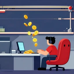 side scrolling action game where office worker in red t - shirt collects awesome coins technology gameplay red wingback eggchair