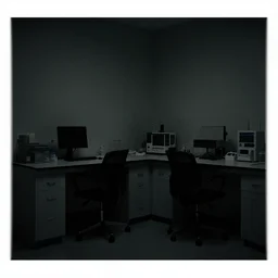 noisy color photograph of a break room, laboratory, dark corners, minimalist, cinematic, soft vintage glow