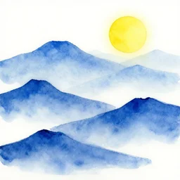 water color painting of layered blue mountains with a white background, a bright yellow sun. in the style of salvador dali.