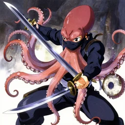 key anime visuals of [ an octopus ninja, fighting with a katana ]. highly detailed, intricate, directed by makoto shinkai, anime manga style, trending on art station.