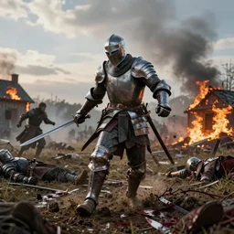 knight in battle, distressed armor, swords, knives, kicking, boots, burning houses, running, dead bodies in mud, sanguinary blood splatters, flying mud, debris, boots, smoke, fighting, field, wet, dawn, partly cloudy, cold breath, hyper realistic, octane render, hyper detailed, cinematic, medium shot
