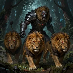 nightmare of humanoid lions in heavy armor, red glowing eyes, hunting in the forest. in style of greg rutkowski and hyung - tae kim, trending on artstation, dark fantasy, great composition, concept art, highly detailed, dynamic pose, vibrant colours, epic, 8 k.