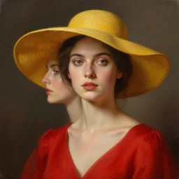 minimalist oil matte painting, woman with a red dress and mustard yellow summer hat, detailed faces, wonderful masterpiece highly detailed, beautiful cinematic light deep focus, elegant, smooth, sharp focus, golden ratio, dramatic illumination, ultra realistic, 8 k, art by kristina alisauskaite and caravaggio