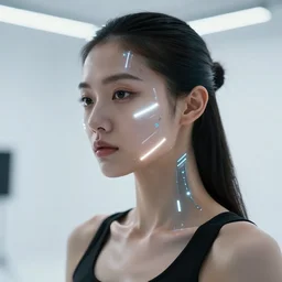 close up photo of female dancer with cyberpunk implants with linear bright led lights over face and shoulders, inside white room, ultra - realistic and detailed, 8 k
