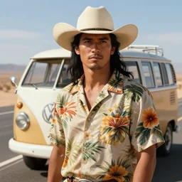 a man wearing a hawaiian shirt standing by a volkswagen camper on a desert highway, digital painting, masterpiece, digital art, concept art, octane render, unreal engine 5, trending on deviantart, highly detailed, high quality, 4 k, realistic and detailed face, cinematic, high coherence, soft lighting, path traced, elegant, long black hair, cowboy hat,