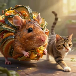 ratatouille being chased by a cat, digital painting, extremely detailed, sharp focus, unreal engine 5 highly rendered, global illumination, radiant light, highly detailed face