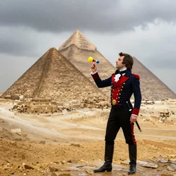 Napoleon Bonaparte playing yo-yo in front of the pyramids of Egypt under the rain