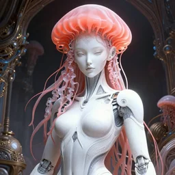 portrait of an absurdly beautiful, graceful, sophisticated, fashionable cyberpunk mechanoid, hyperdetailed illustration by irakli nadar and vania zouravliov, matt wisniewski style, intricate linework, white porcelain skin, coral jellyfish headdress, unreal engine 5 highly rendered, global illumination, radiant light, detailed and intricate environment