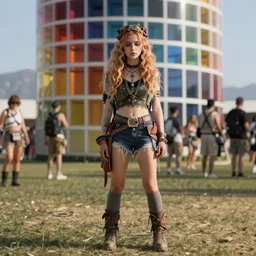 detailed ultrarealistic 4 k photography front full shot of sadie sink, coachella festival, postapocalyptic, fantasy, starwars, artstation cinematic, vray