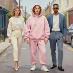 sydney sweeney in the style of martine johanna and donato giancola, wearing a hoodie, standing in a township street, street fashion outfit,!! haute couture!!, full figure painting by martine johanna, david choe, ismail inceoglu, pastel color palette, sharp focus, detailed impasto, intricate, elegant, 2 4 mm lens