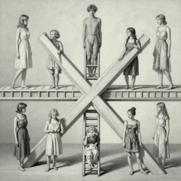 Beautiful people at the crossroads and ladders in Maurits Escher style. 4k painting by Petrov-Vodkin