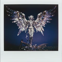 crystal wings, waporwave polaroid, a greg rutkowsi photograph, devianart, metal acid deep colors, fallen angel of death, love broken