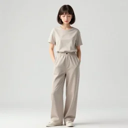 portrait of a girl in long pants and a top, hands in pockets, eyes closed, bob haircut, digital art, black and white, lineart by kaoru mori