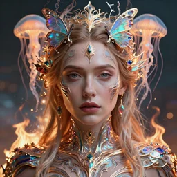 goddess portrait of Elizabeth Olsen. burning water distortions. intricate abstract ornament. jellyfish butterfly phoenix head. intricate artwork by Tooth Wu and wlop and beeple and dan mumford. octane render, trending on artstation, greg rutkowski very coherent symmetrical artwork. cinematic, hyper realism, high detail, octane render, 8k, depth of field, bokeh. iridescent accents