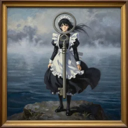 anime key visual of wanderer above the sea of fog 1 8 1 8 but figure is anime maid in grimdark fantasy, in the style of jamie wyeth james gilleard edward hopper greg rutkowski acrylic painting, oil on canvas, preserved museum piece, historical