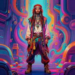 colorful full body portrait of a hippie, set in the future 2 1 5 0 | highly detailed | very intricate | symmetrical | professional model | cinematic lighting | award - winning | painted by mandy jurgens and ross tran | pan futurism, dystopian, bold psychedelic colors, cyberpunk, groovy vibe, anime aesthestic | featured on artstation