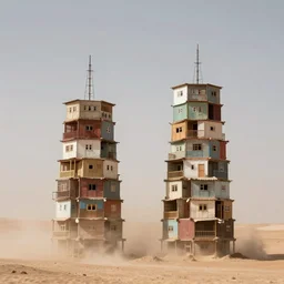 two high towers made up of stacked makeshift squatter shacks on a desert, soft colours, dust storm, hasselblad, fine details, photographed by julie blackmon