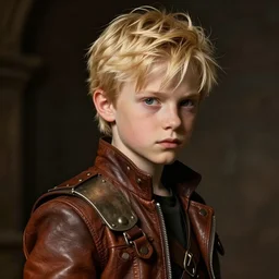a blonde boy thief in leathers with a metal armband in the style of krenz cushart